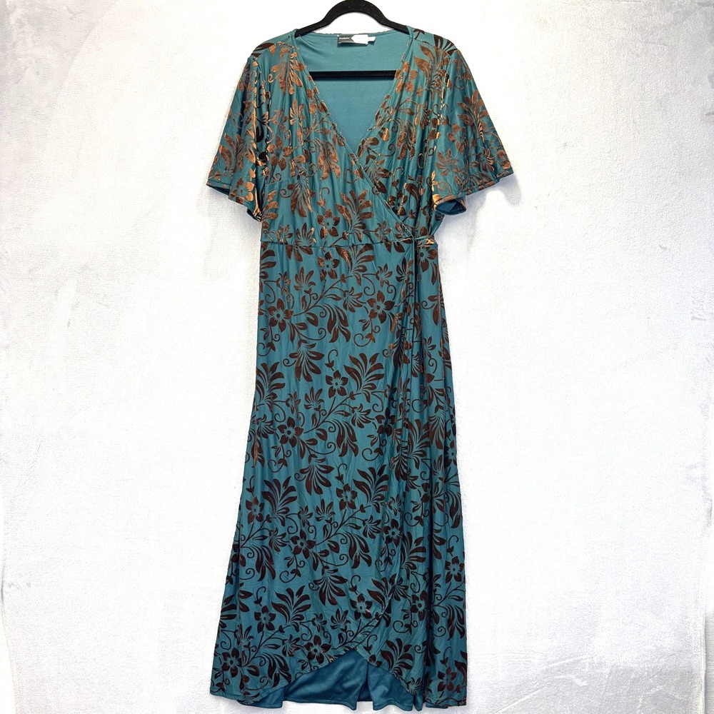 PIPER & SCOOT Exclusive Velvet Wrap Dress Womens XXL Teal Floral Maxi V-Neck